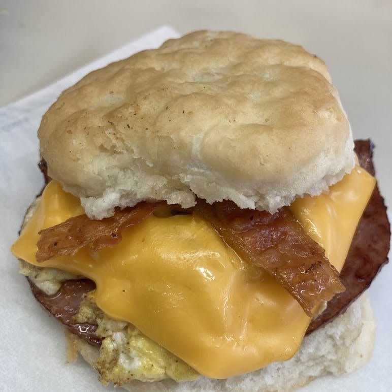 Ham, Bacon, Egg & Cheese Biscuit.