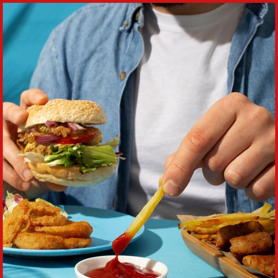 A person holding a Burger Shack burger while dipping a fry into ketchup, with onion rings nearby.