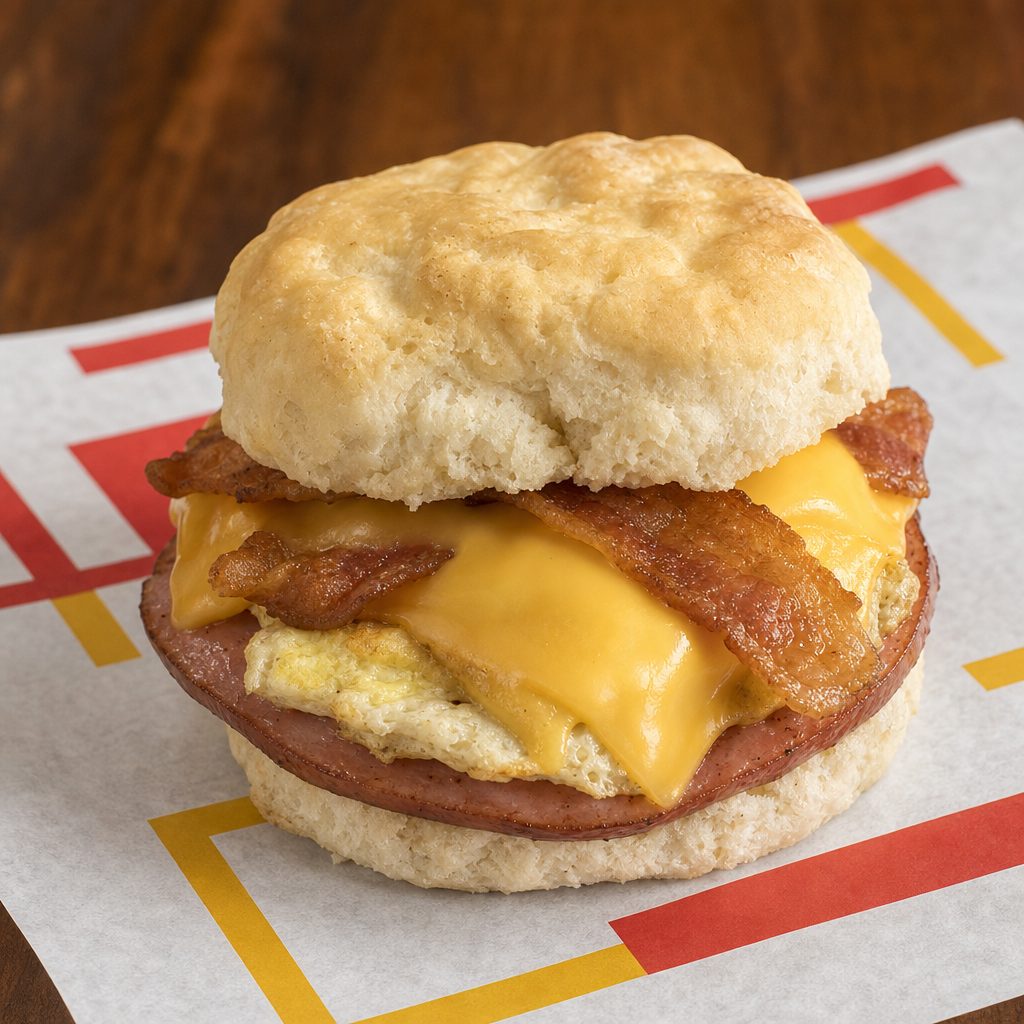 Ham, Bacon, Egg & Cheese Biscuit.